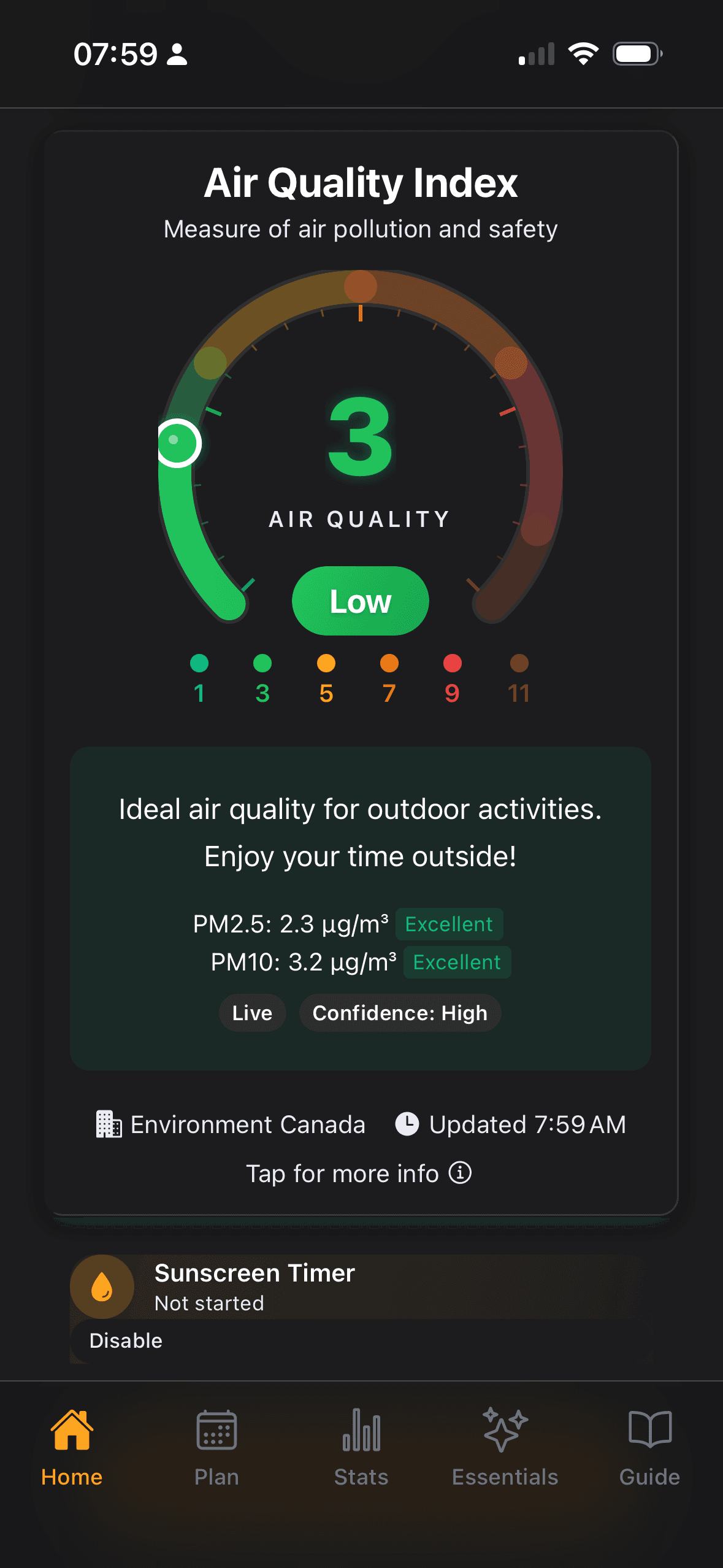 Air Quality Index — AQI 3 Low, PM2.5 Excellent, updated live from Environment Canada