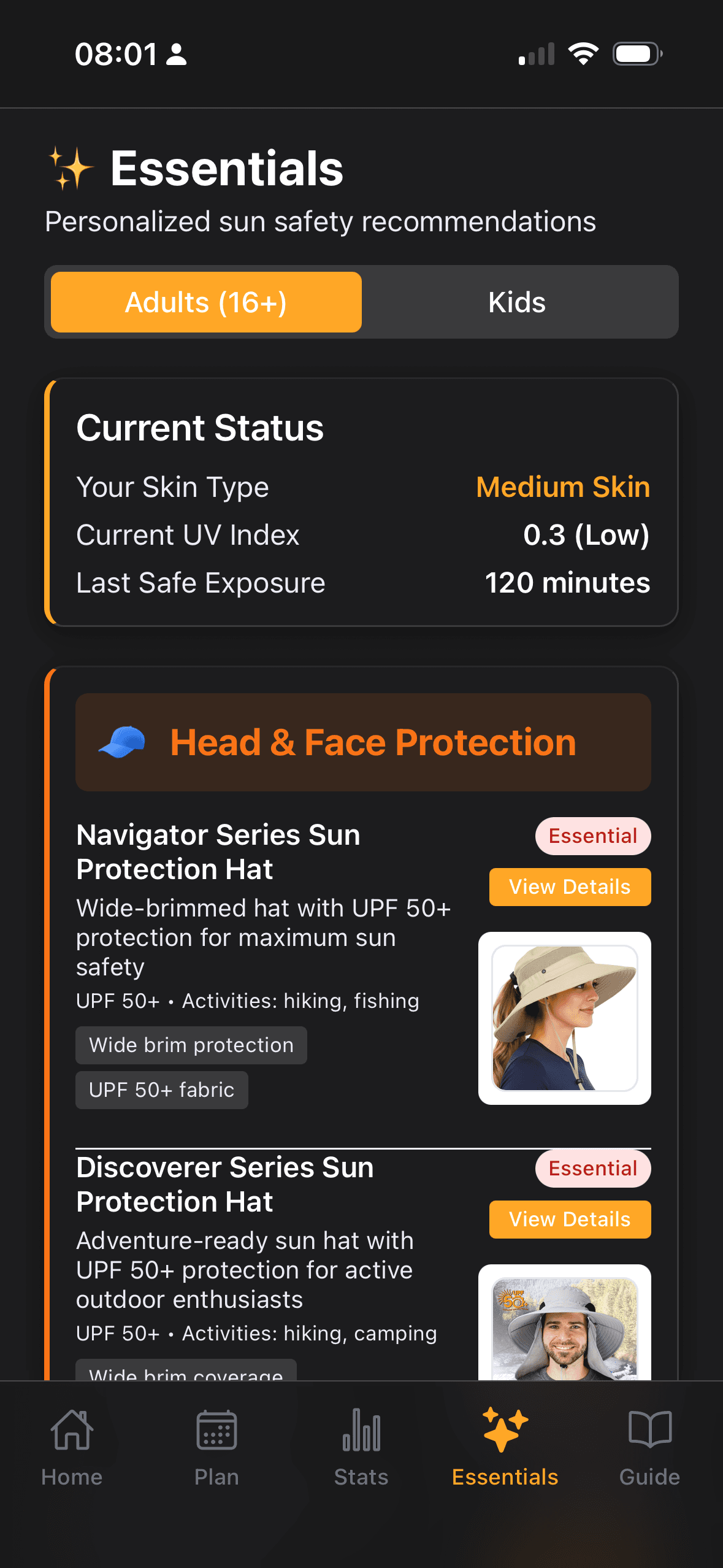 Essentials — Navigator and Discoverer sun hats with product photos and Essential badges