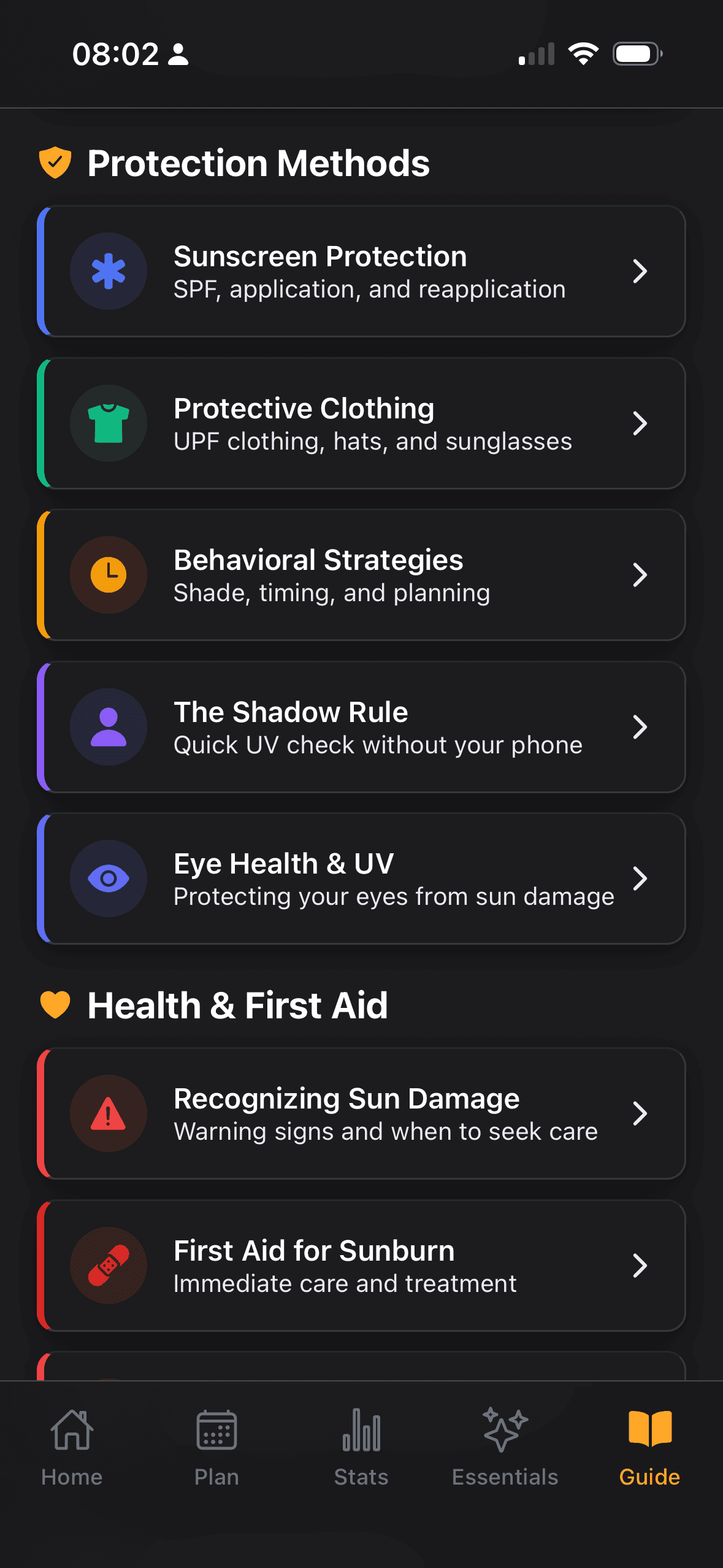 SunUp Sun Safety Guide — Protection Methods: Sunscreen, Clothing, Shadow Rule, Eye Health, Health & First Aid