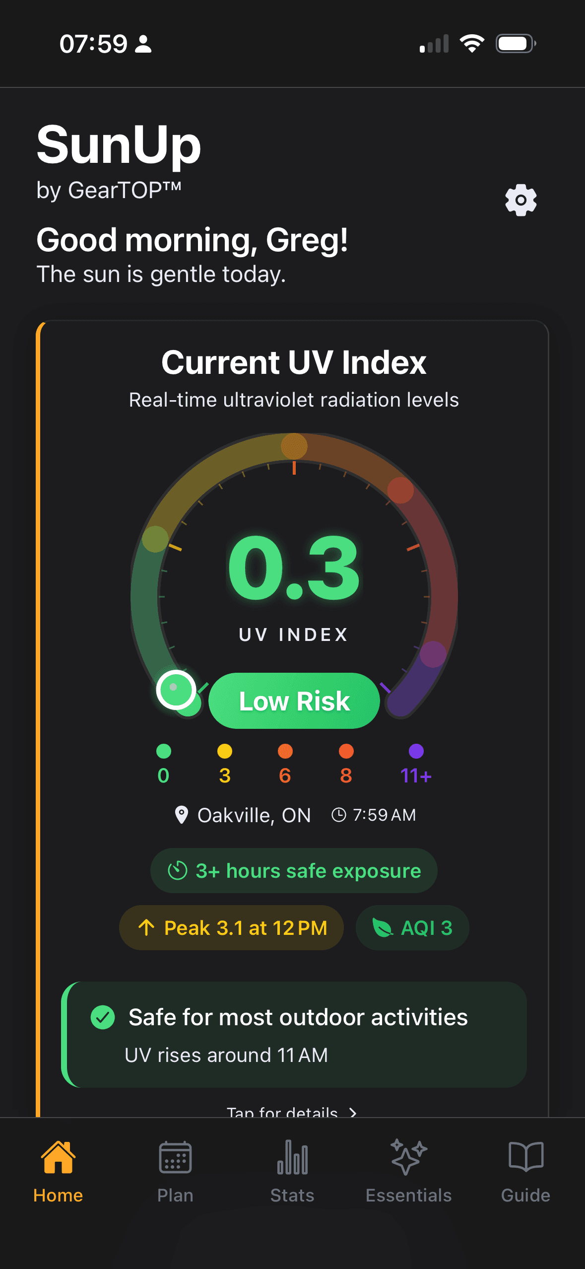 SunUp dashboard — UV Index 0.3, Low Risk, 3+ hours safe exposure, Oakville ON