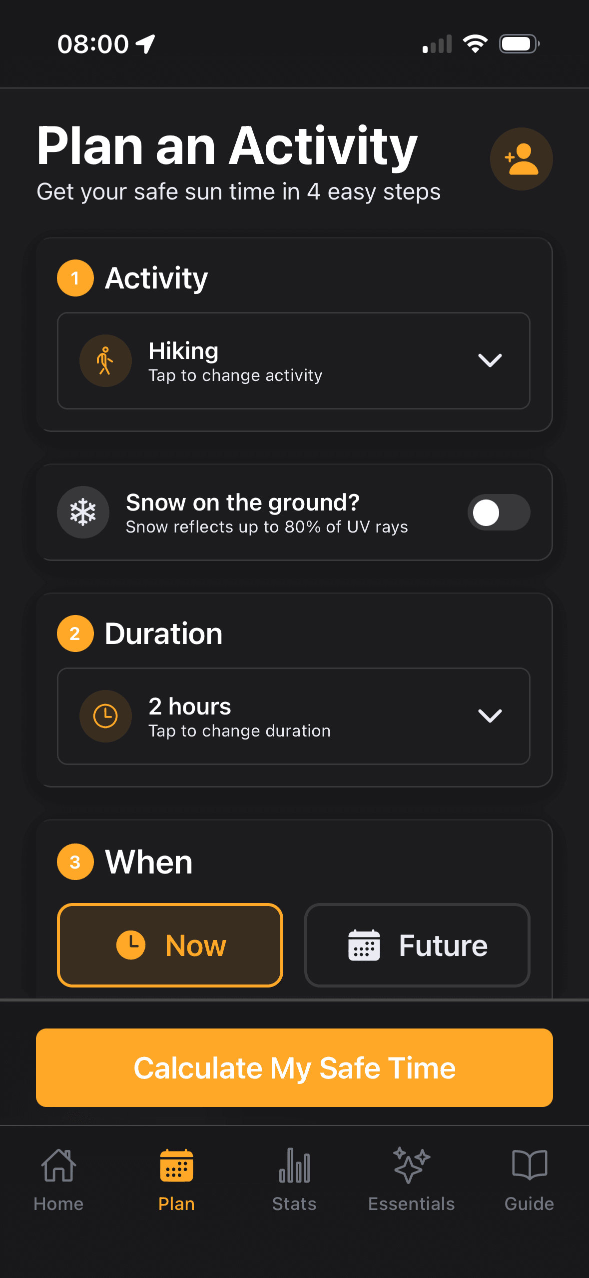 Plan an Activity — Hiking selected, snow reflection toggle, 2-hour duration, Now or Future