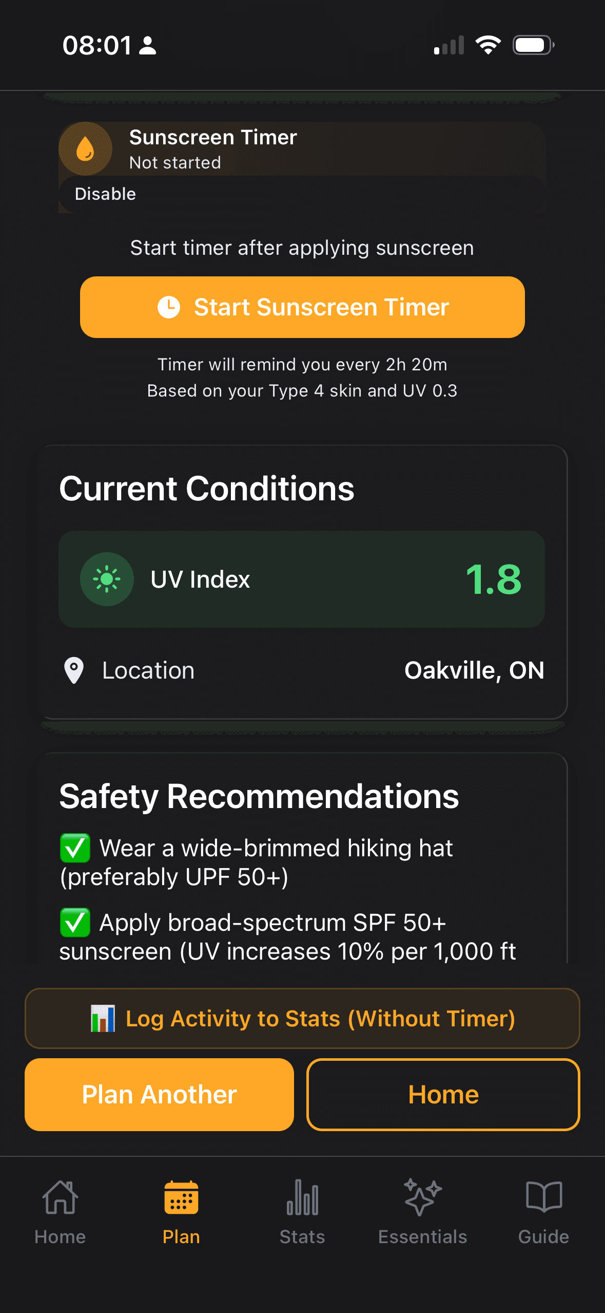 Safety Recommendations — wear UPF hat, apply SPF 50+, sunscreen timer active