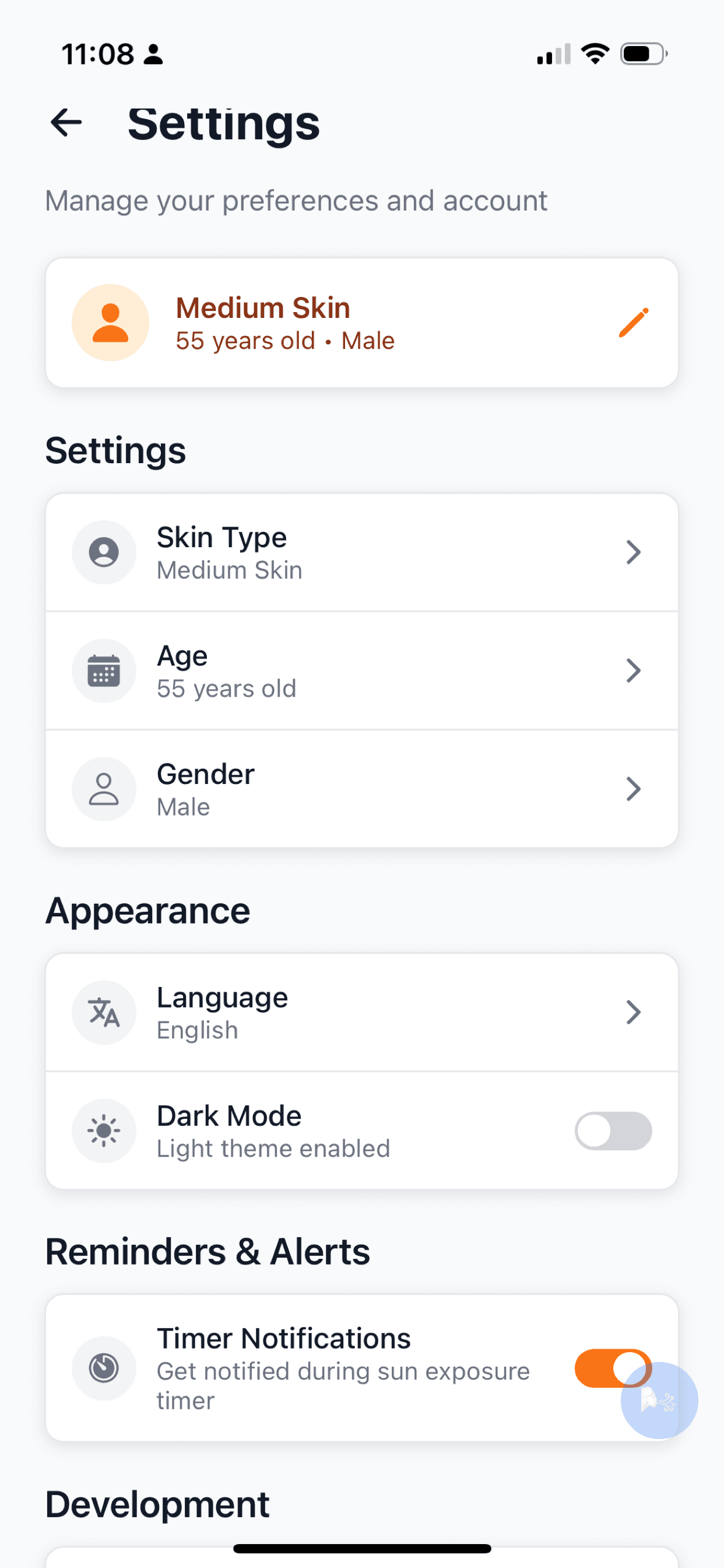 SunUp profile settings showing Medium Skin Type, 55 years old, Male